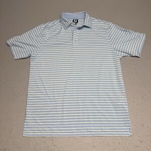 FootJoy Polo Shirt Men Large Blue Striped Golf Performance Stretch Subaru Logo